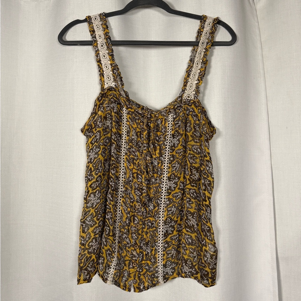 By Anthropologie Sleeveless Yellow and Brown Floral Crochet Bardot Blouse US 10 - Picture 7 of 16